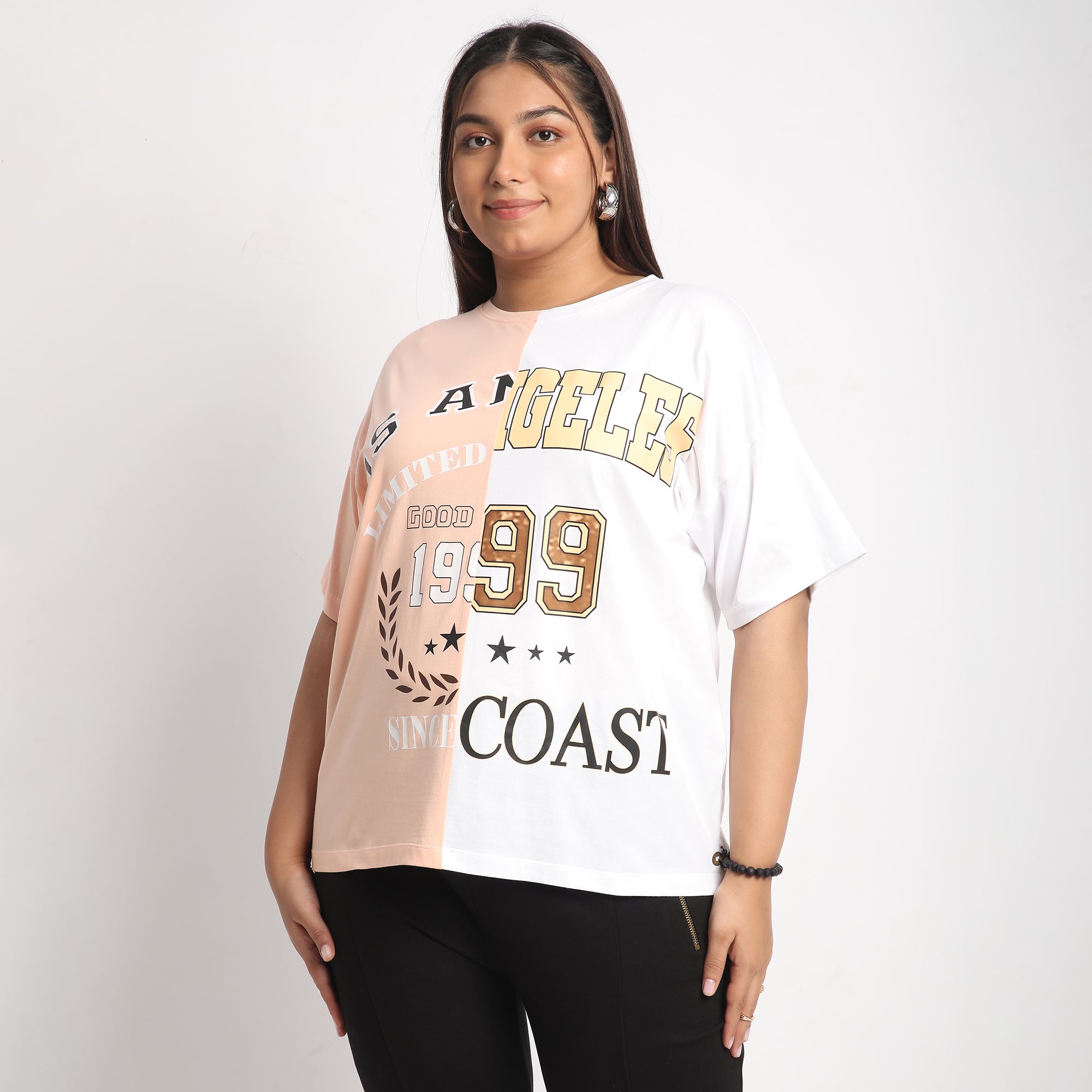 Peach and White Color Block Plus Size Chest Print Cotton Tee