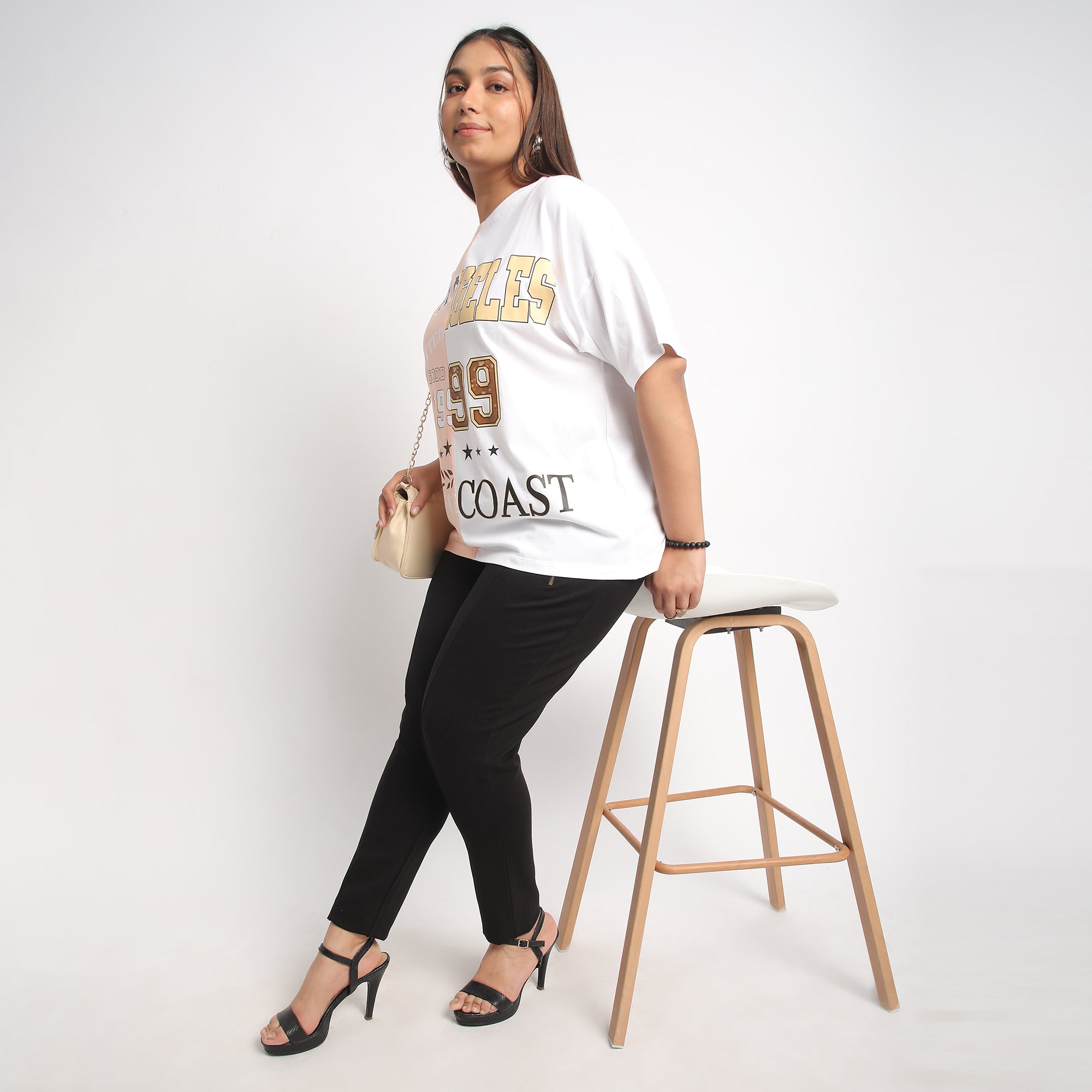 Peach and White Color Block Plus Size Chest Print Cotton Tee