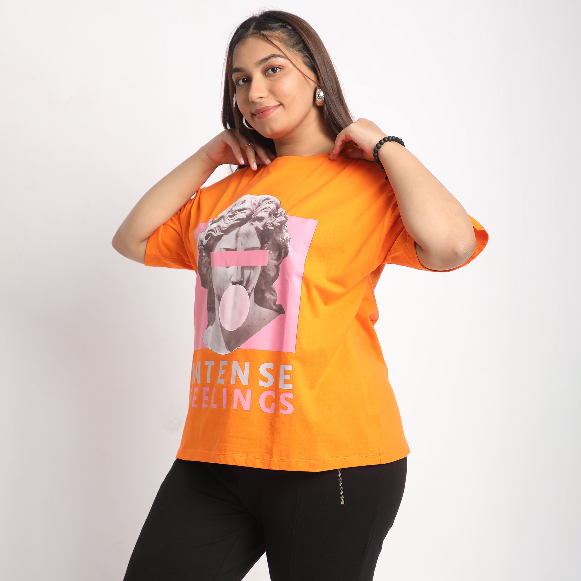 Orange Intense Plus Size Chest Print Cotton Tee