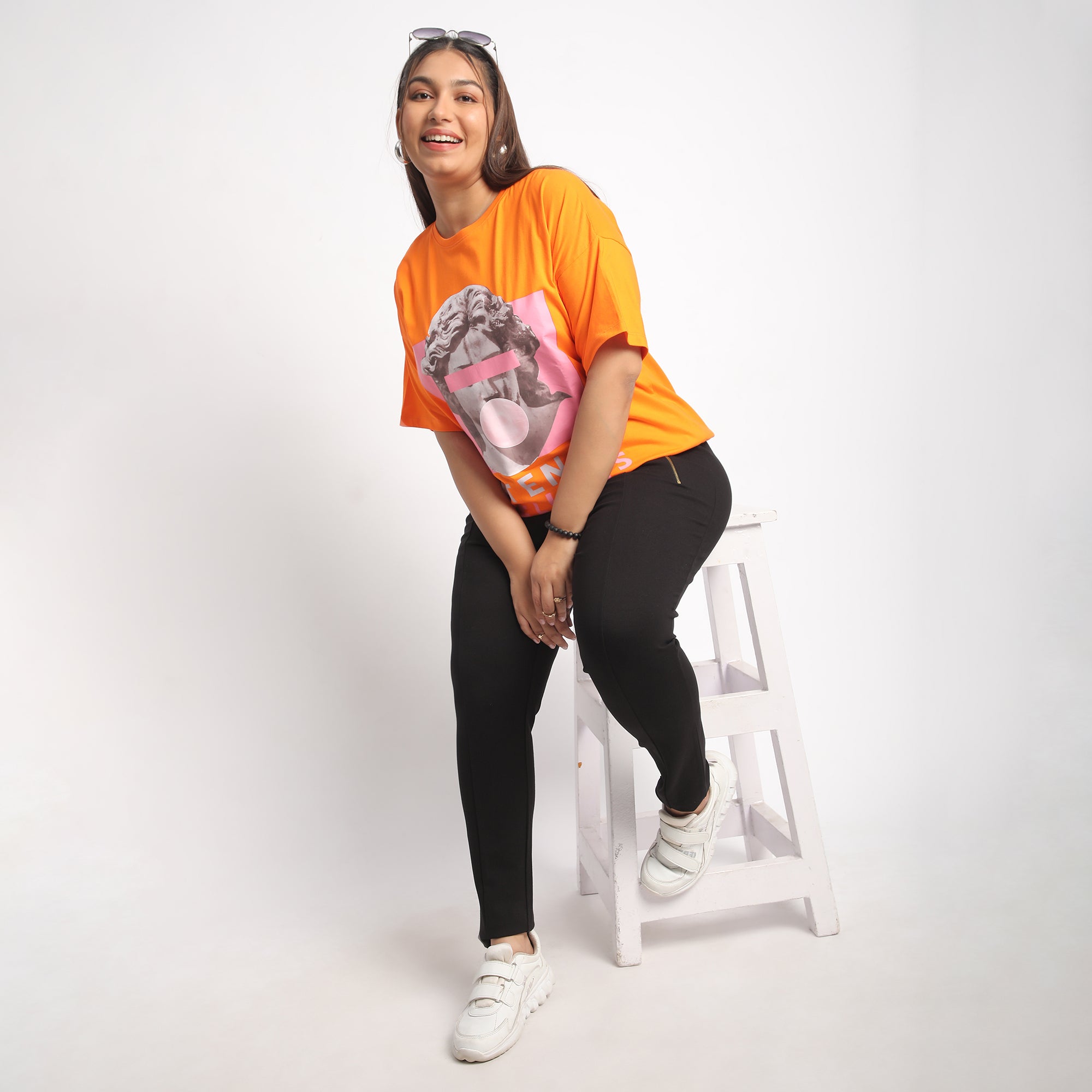 Orange Intense Plus Size Chest Print Cotton Tee