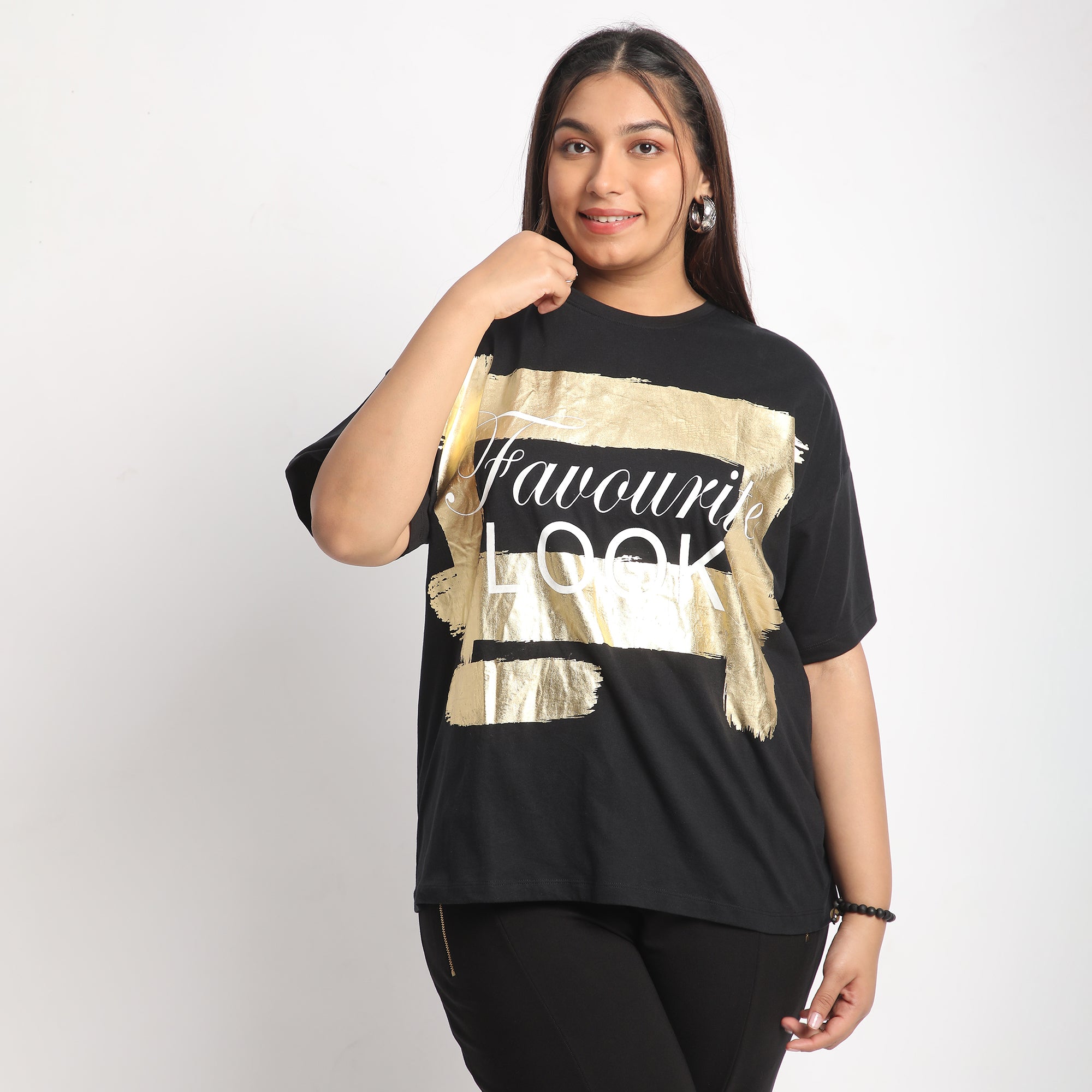 Black Foil Favourite Plus Size Chest Print Cotton Tee