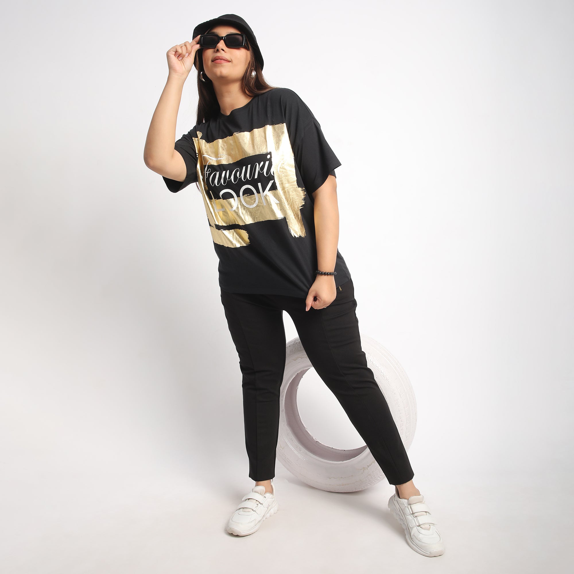 Black Foil Favourite Plus Size Chest Print Cotton Tee