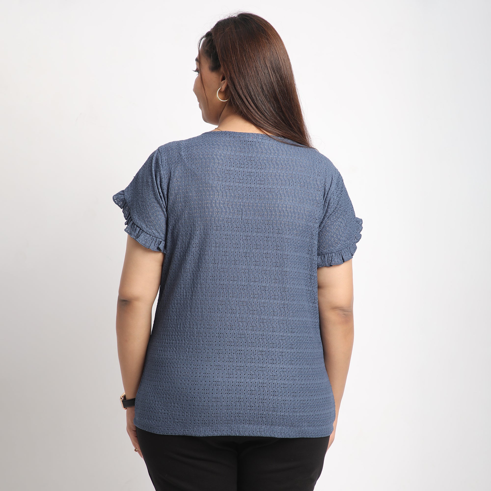 Blue Cutwork Knit Plus Size Top with Ruffle Sleeve
