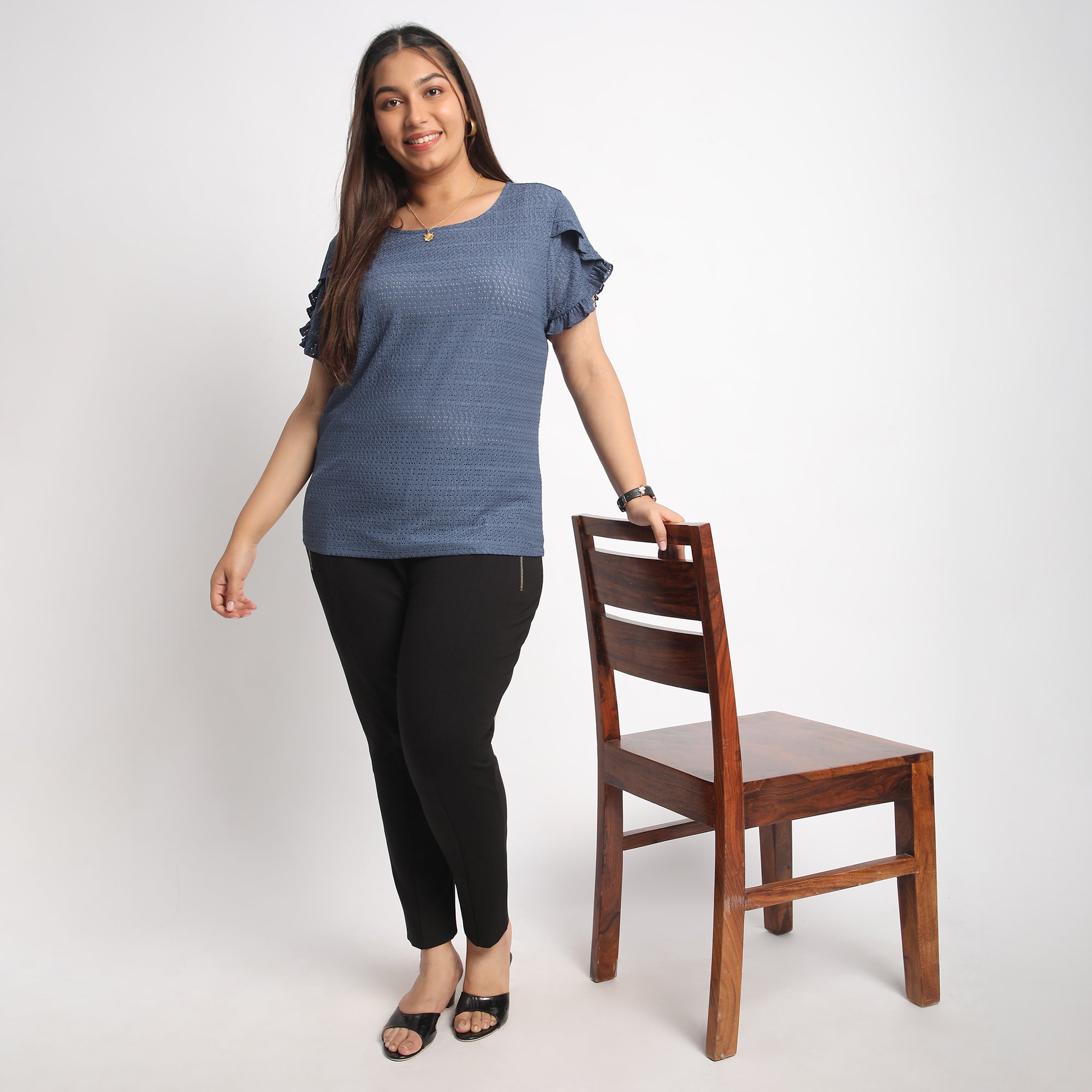 Blue Cutwork Knit Plus Size Top with Ruffle Sleeve