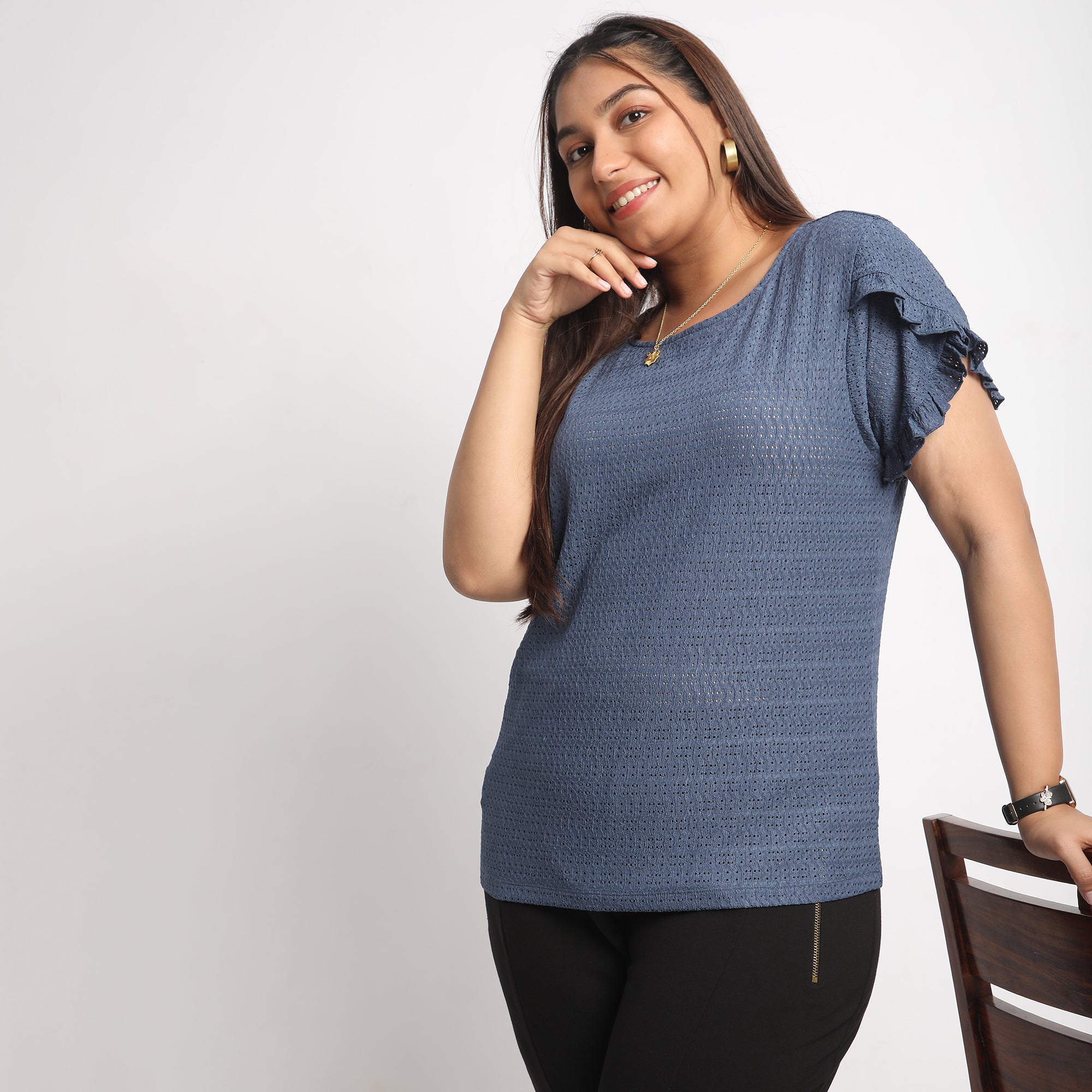 Blue Cutwork Knit Plus Size Top with Ruffle Sleeve