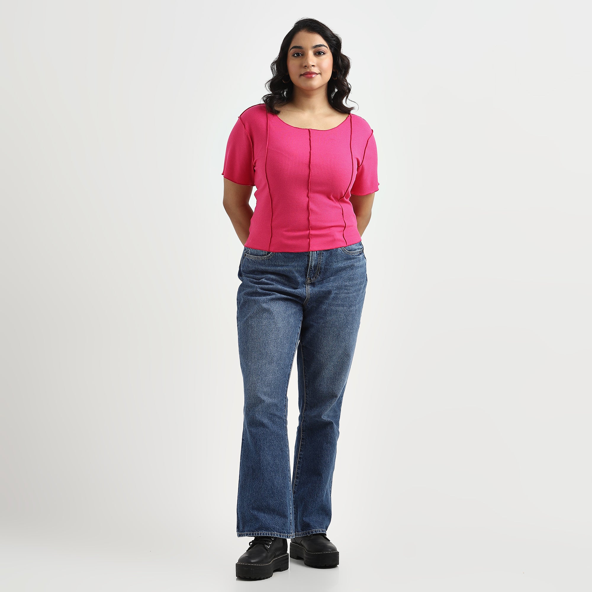 Fuchsia Rib Plus Size Top with Overlocked Detail