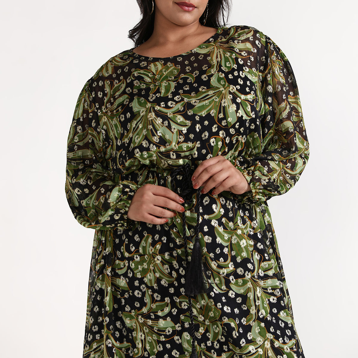 Plus Size Green Printed Lurex Burnout Tiered Dress  by CALAE | Sizes Available L to 7XL
