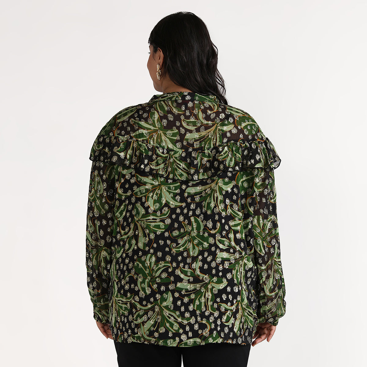 Plus Size Green Printed Lurex Burnout Blouse with Ruffle Detail by CALAE | Sizes Available L to 7XL