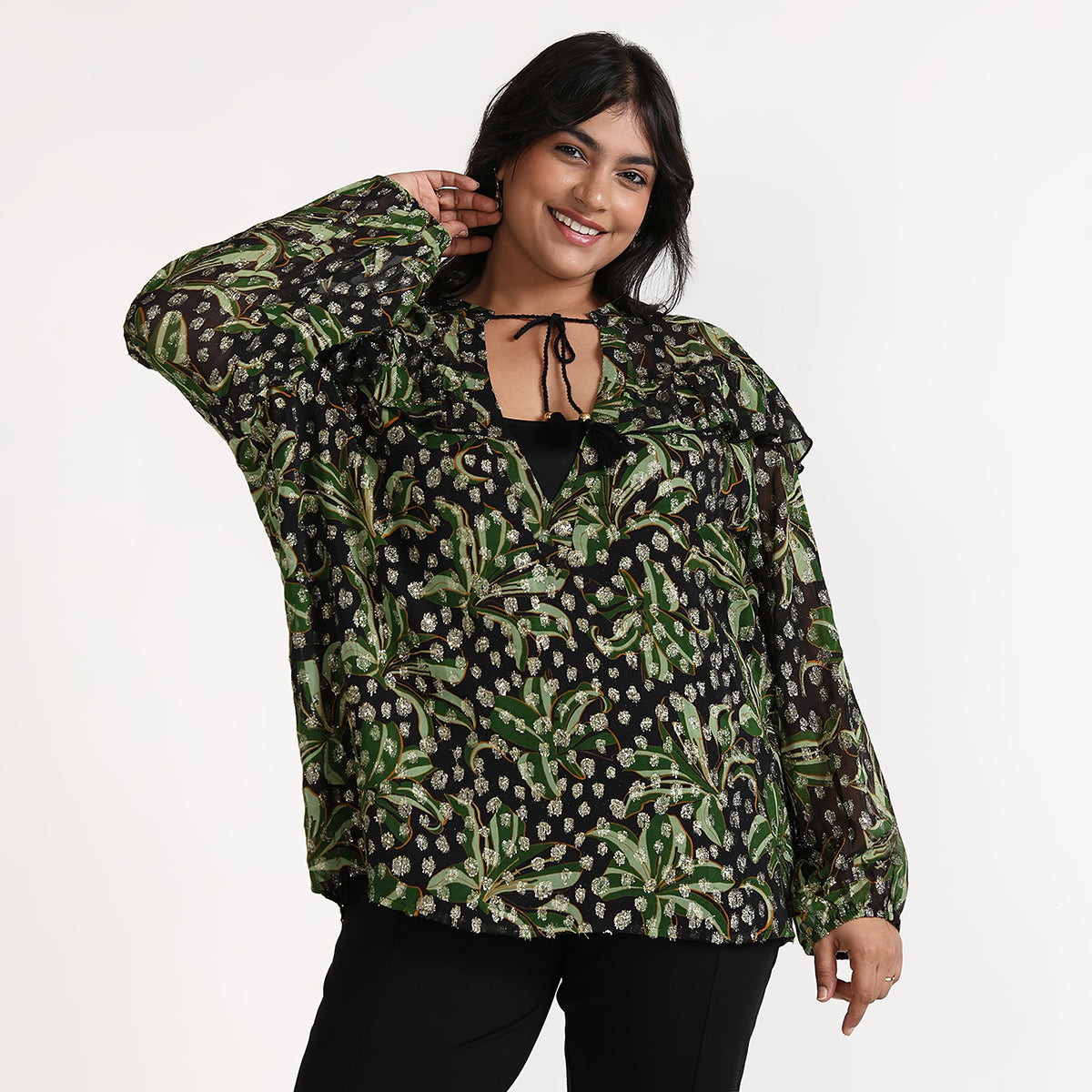 Plus Size Green Printed Lurex Burnout Blouse with Ruffle Detail by CALAE | Sizes Available L to 7XL