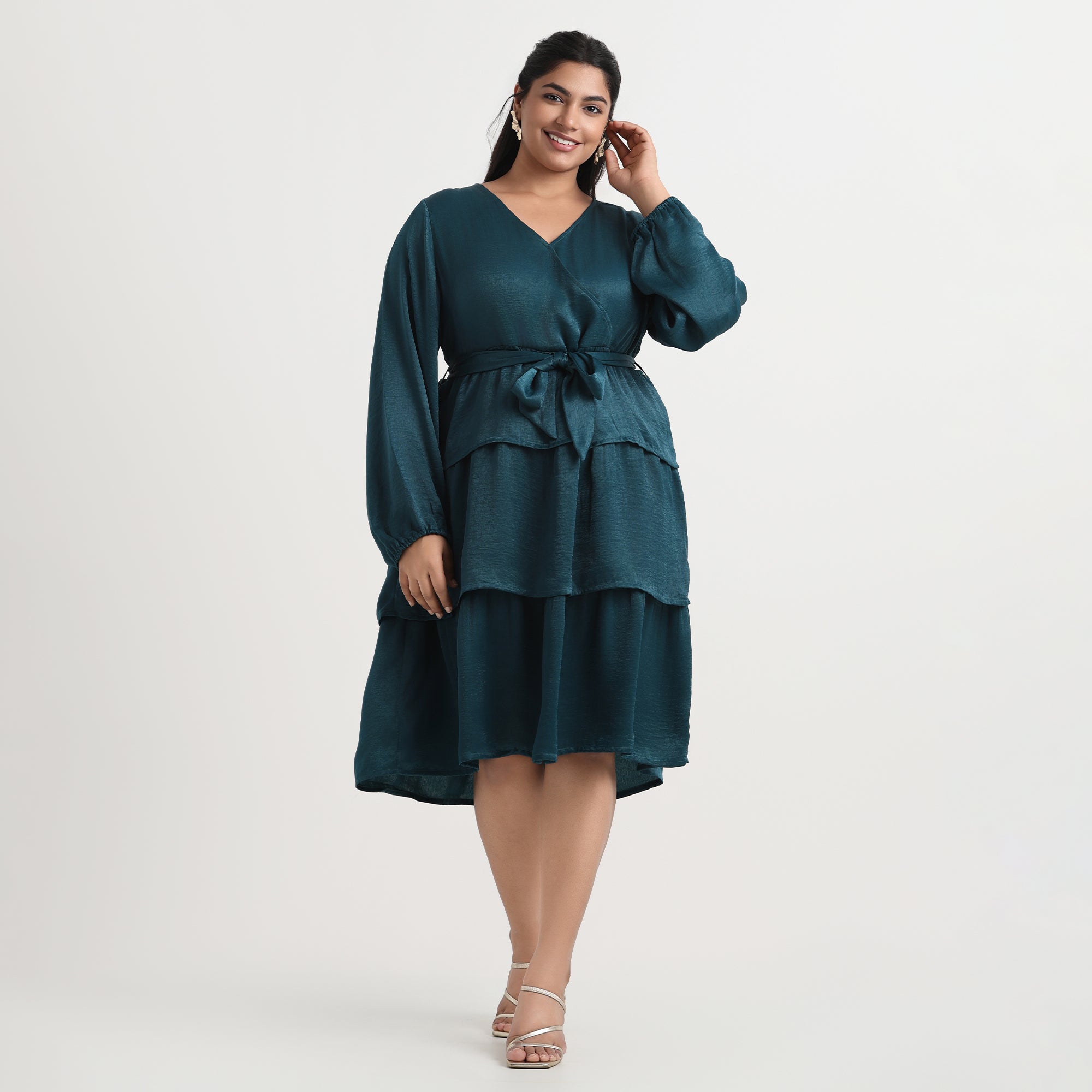Green velvet satin dress with luxurious texture, plus size