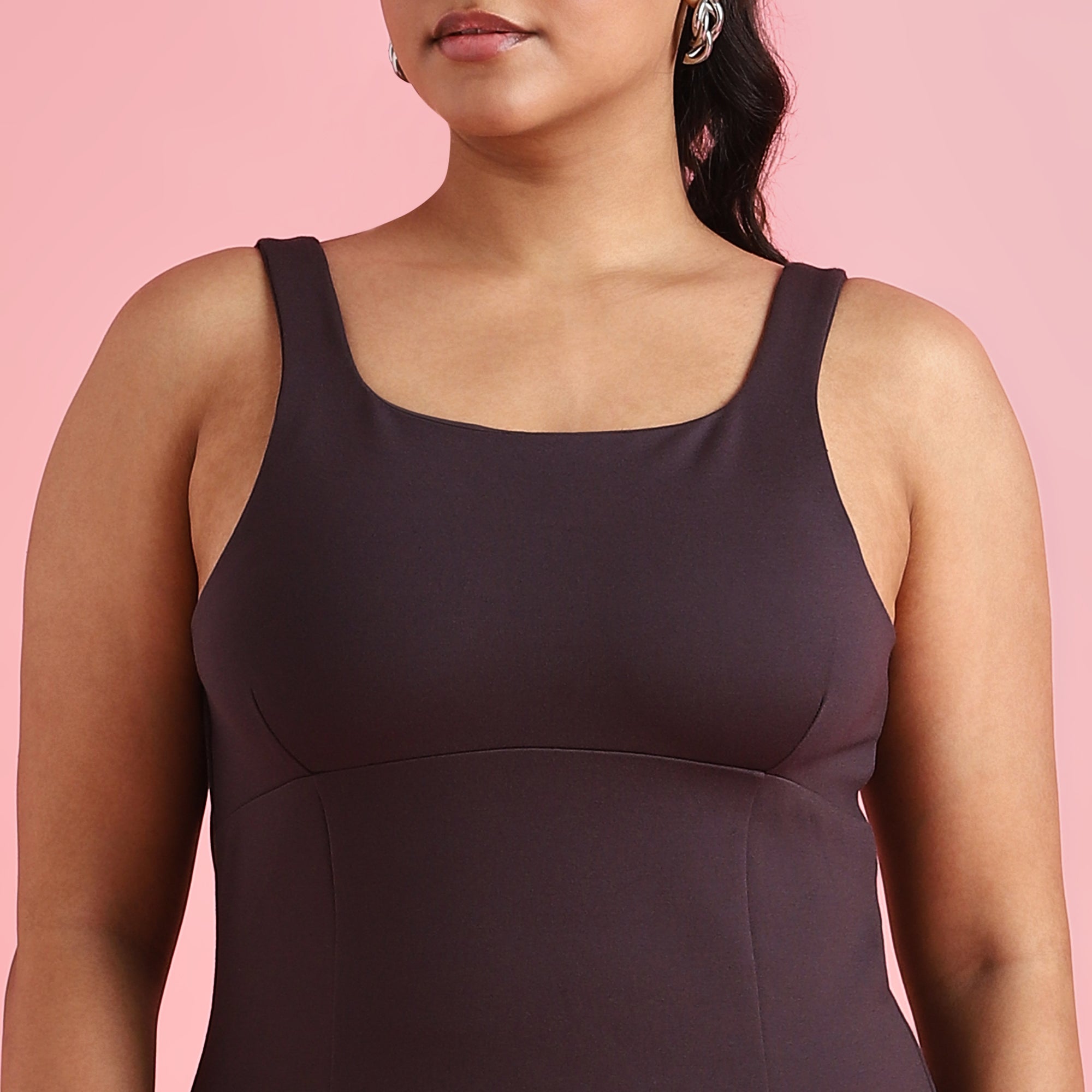 Charcoal Gray Plus Size Square Neck 4-Way Stretch Skater Dress