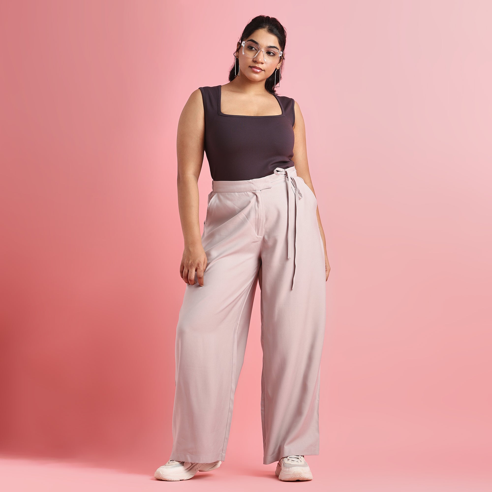 Gray Plus Size Tie-Up Wide-Leg Pants