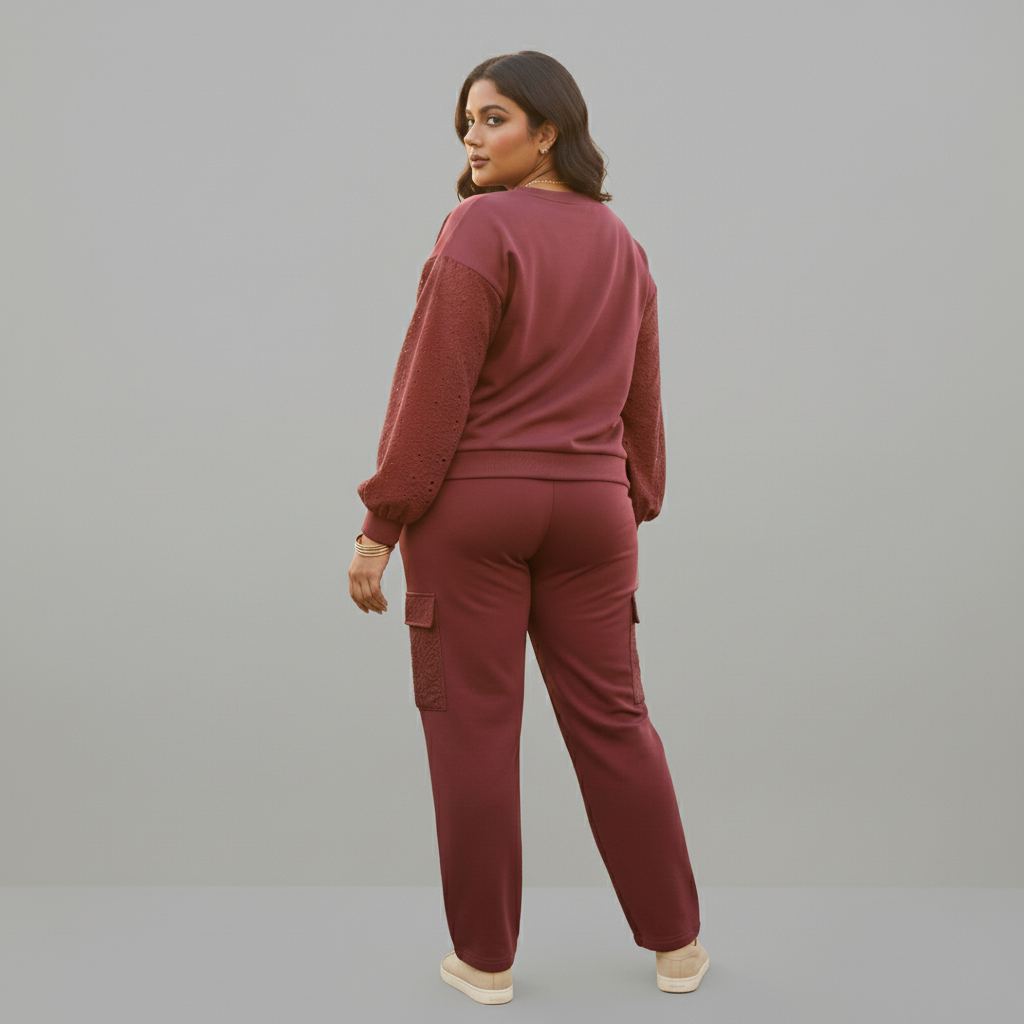 Maroon Cotton Terry Co-ord Set with Schiffli Insert