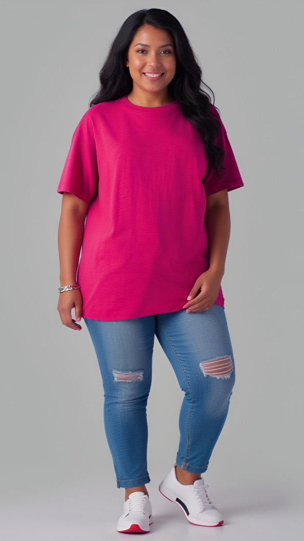 Fuchsia Pink Plus-Size Drop Shoulder T-shirt