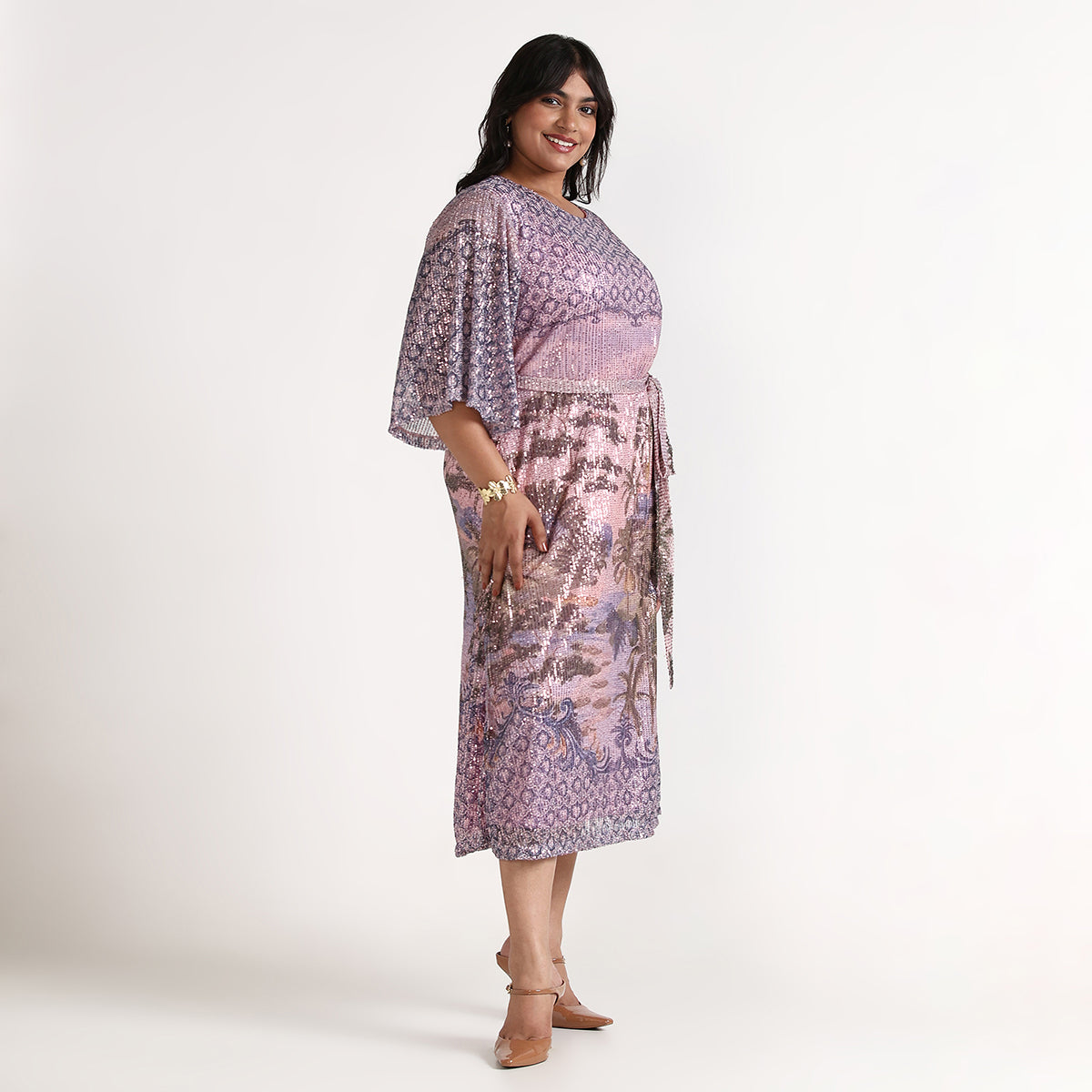 Plus Size – Multicolor – Landscape Print Sequin Dress – by CALAE | Sizes Available L to 7XL