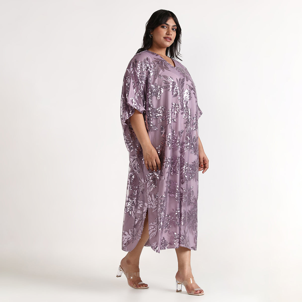 Plus Size – Purple – Floral Sequin V-Neck Kaftan with Slit – by CALAE | Sizes Available L to 7XL