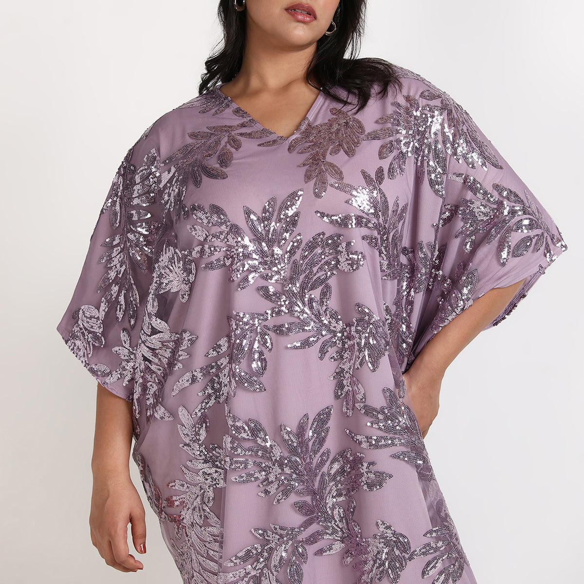 Plus Size – Purple – Floral Sequin V-Neck Kaftan with Slit – by CALAE | Sizes Available L to 7XL