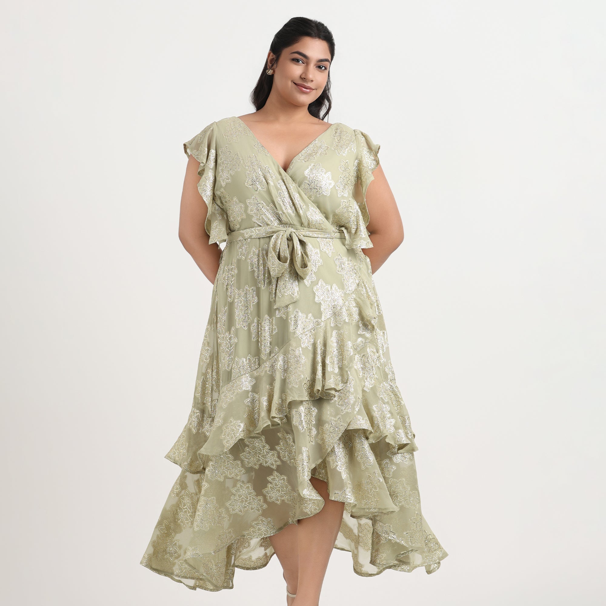 Lurex burnout ruffle dress, stylish plus size occasion wear
