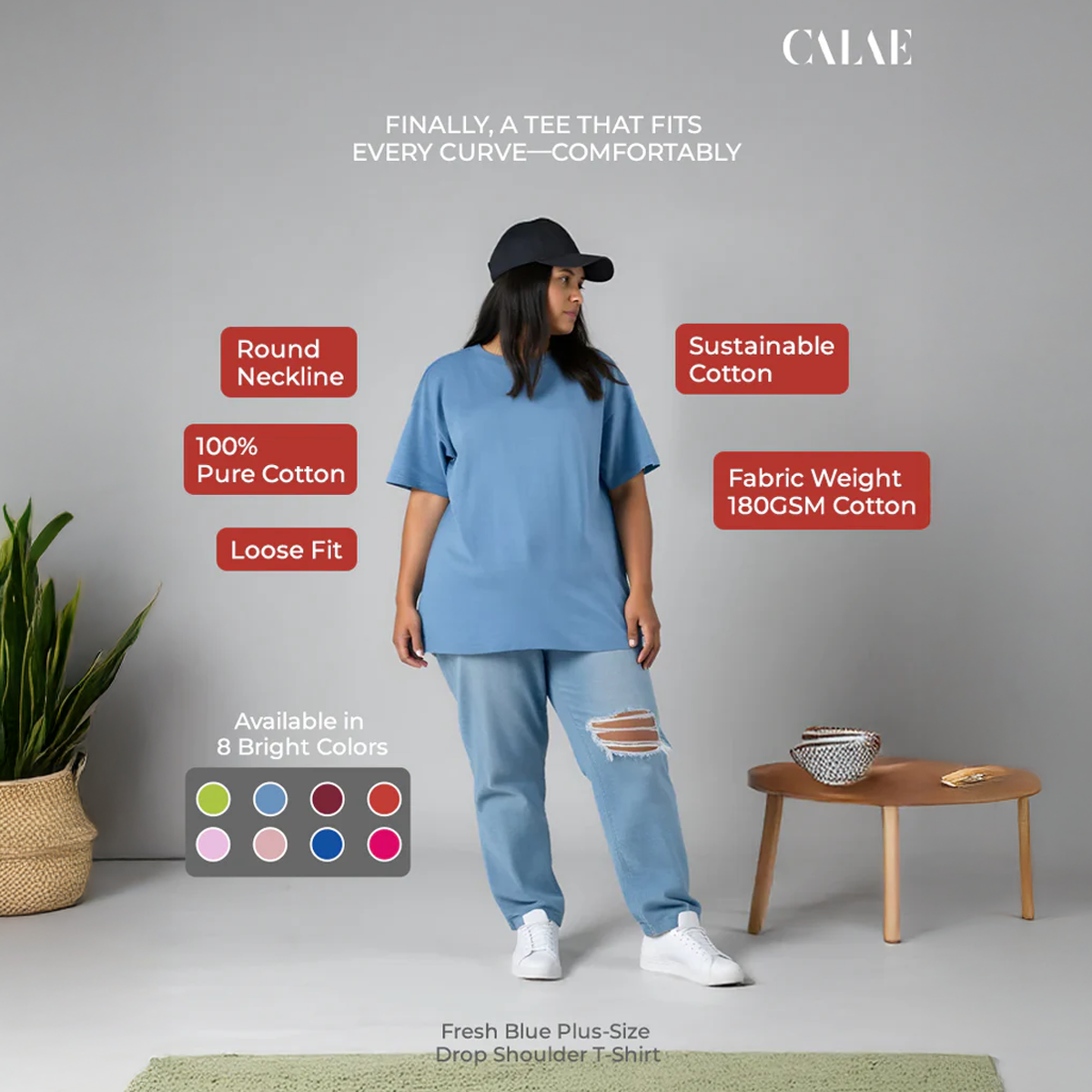 Plus-Size Fresh Blue Drop Shoulder Tee by CALAE | Sizes Available L to 5XL