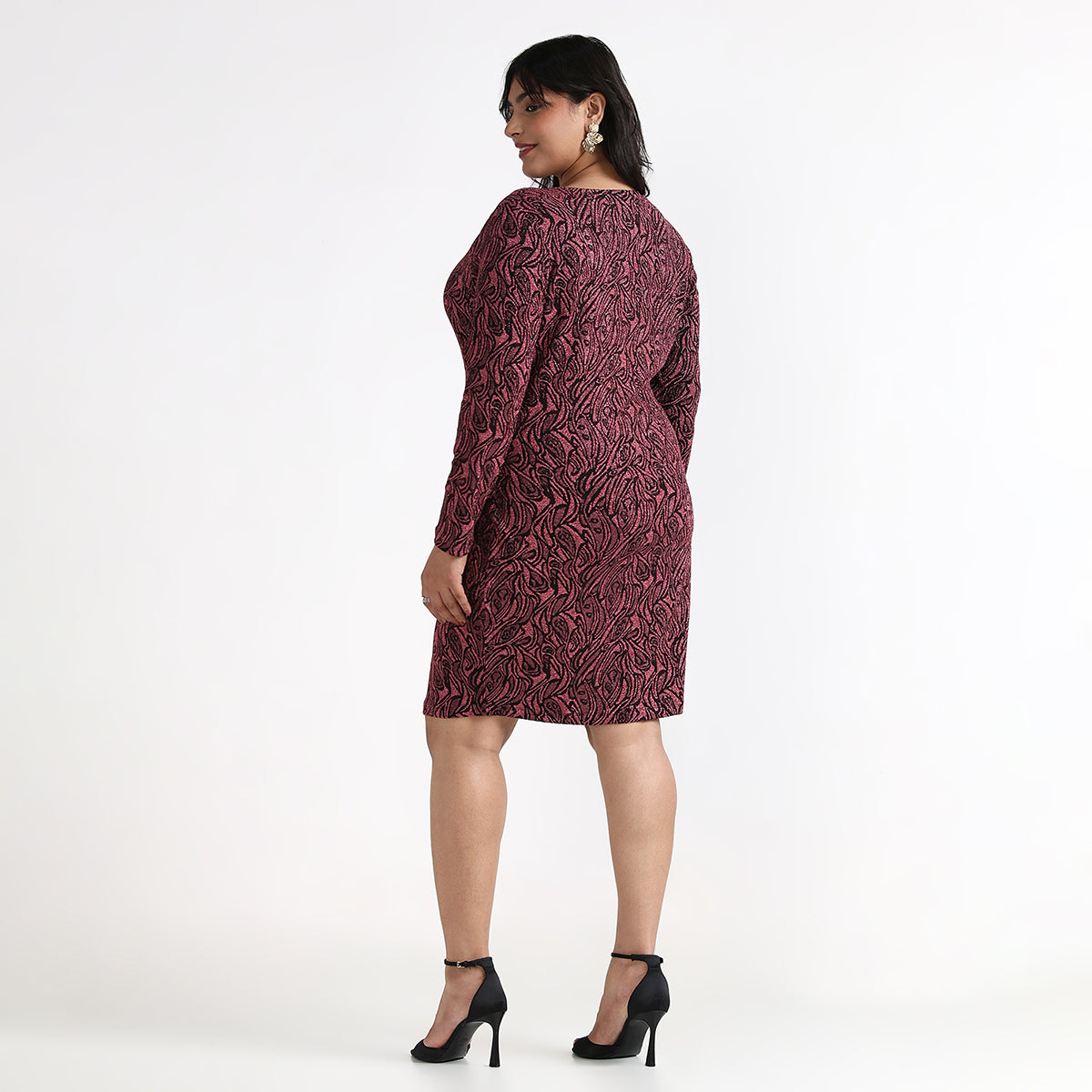 Plus Size – Pink – Shimmer Knit Full Sleeves Short Bodycon Dress – by CALAE | Sizes Available L to 5XL