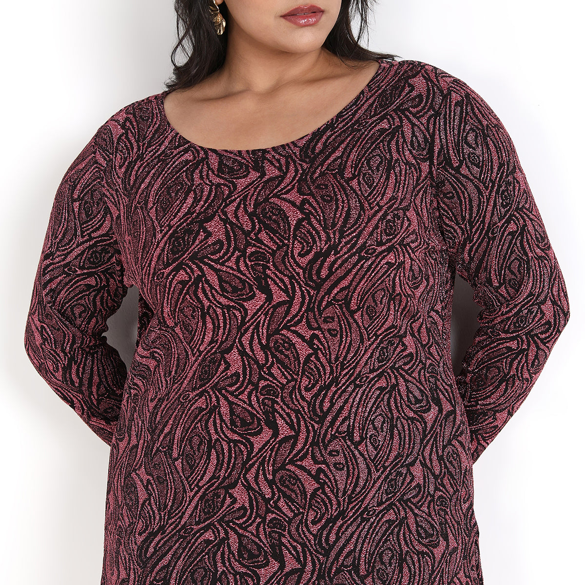 Plus Size – Pink – Shimmer Knit Full Sleeves Short Bodycon Dress – by CALAE | Sizes Available L to 5XL
