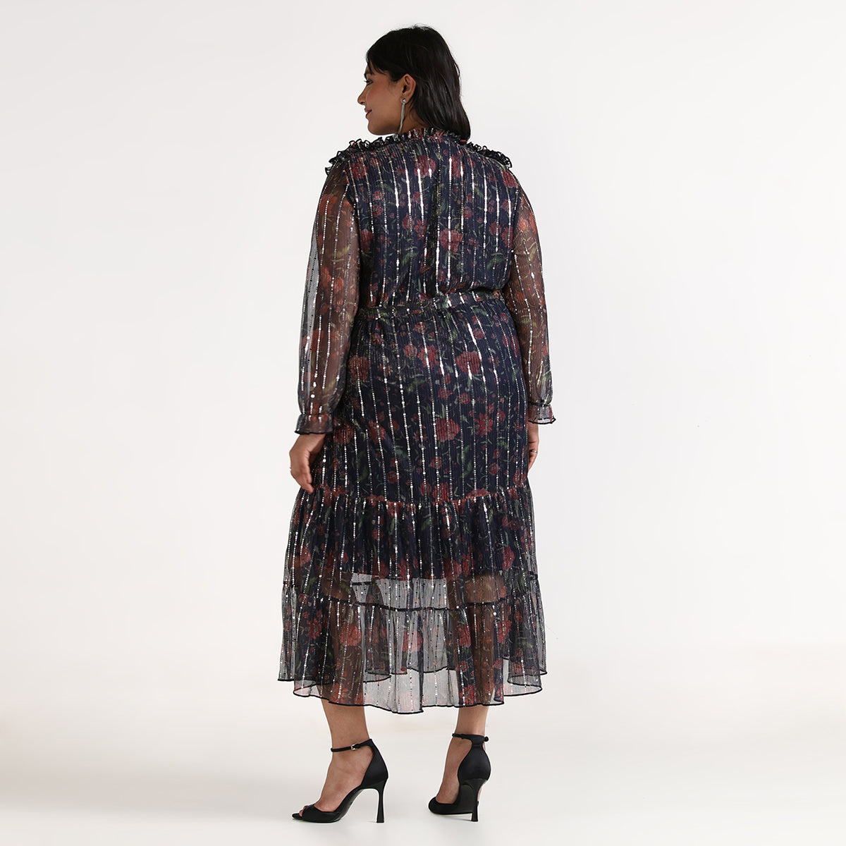 Plus Size Navy Blue Floral Print Pleated Maxi Tiered Dress with Ruffle Detail by CALAE | Sizes Available L to 7XL