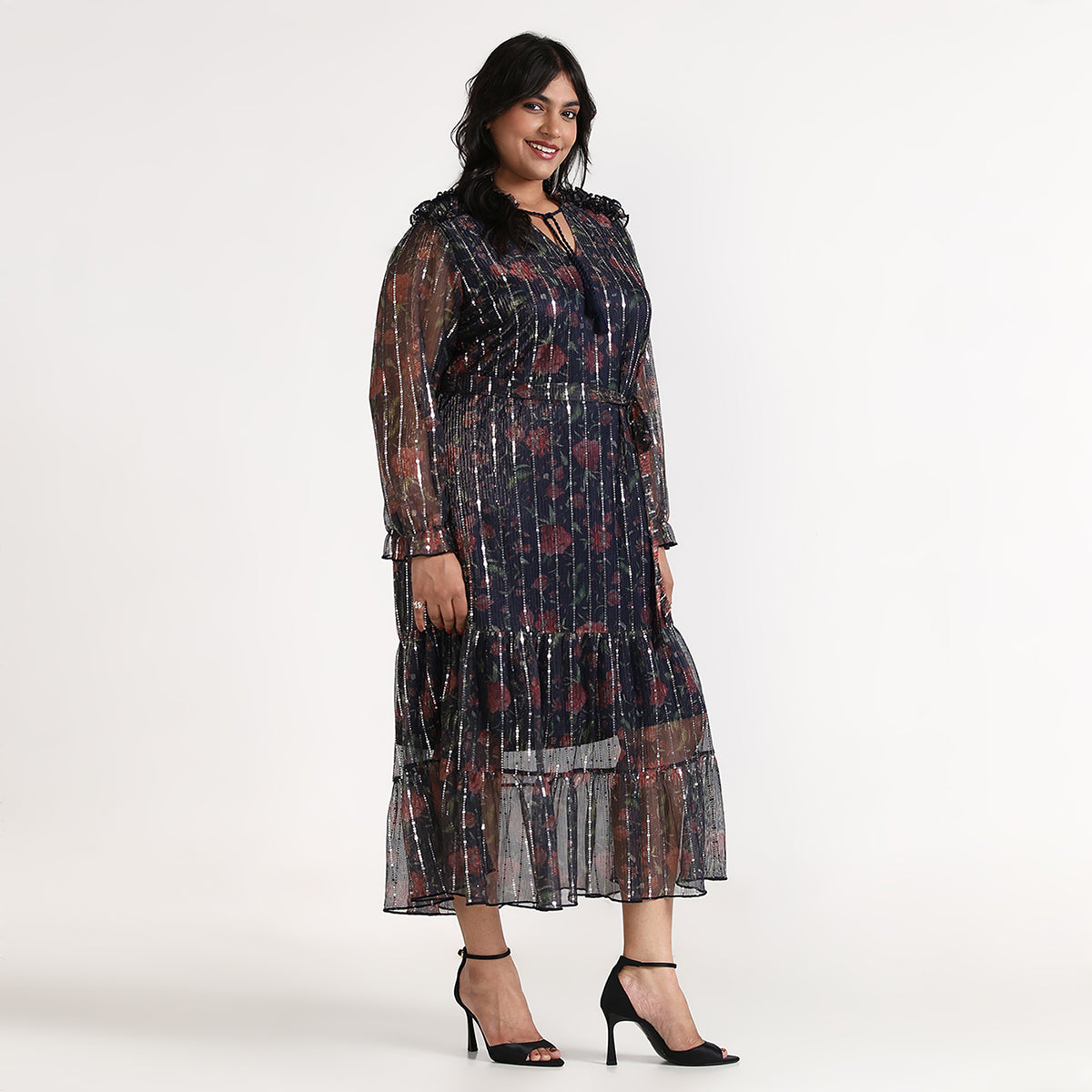 Plus Size Navy Blue Floral Print Pleated Maxi Tiered Dress with Ruffle Detail by CALAE | Sizes Available L to 7XL
