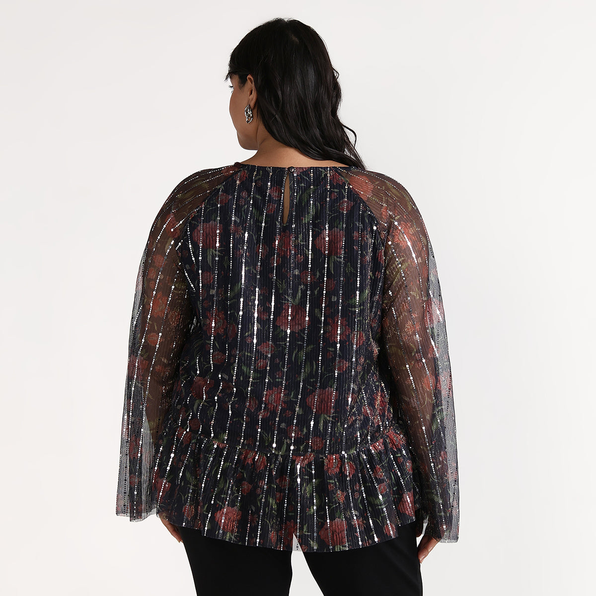 Plus Size Navy Blue Floral Print Pleated Tiered Top by CALAE | Sizes Available L to 7XL
