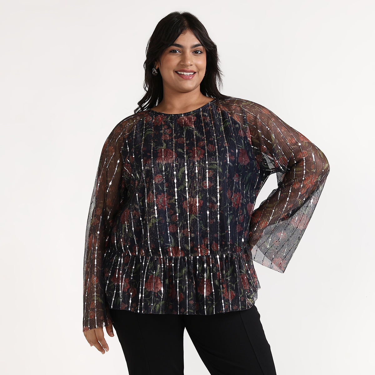 Plus Size Navy Blue Floral Print Pleated Tiered Top by CALAE | Sizes Available L to 7XL