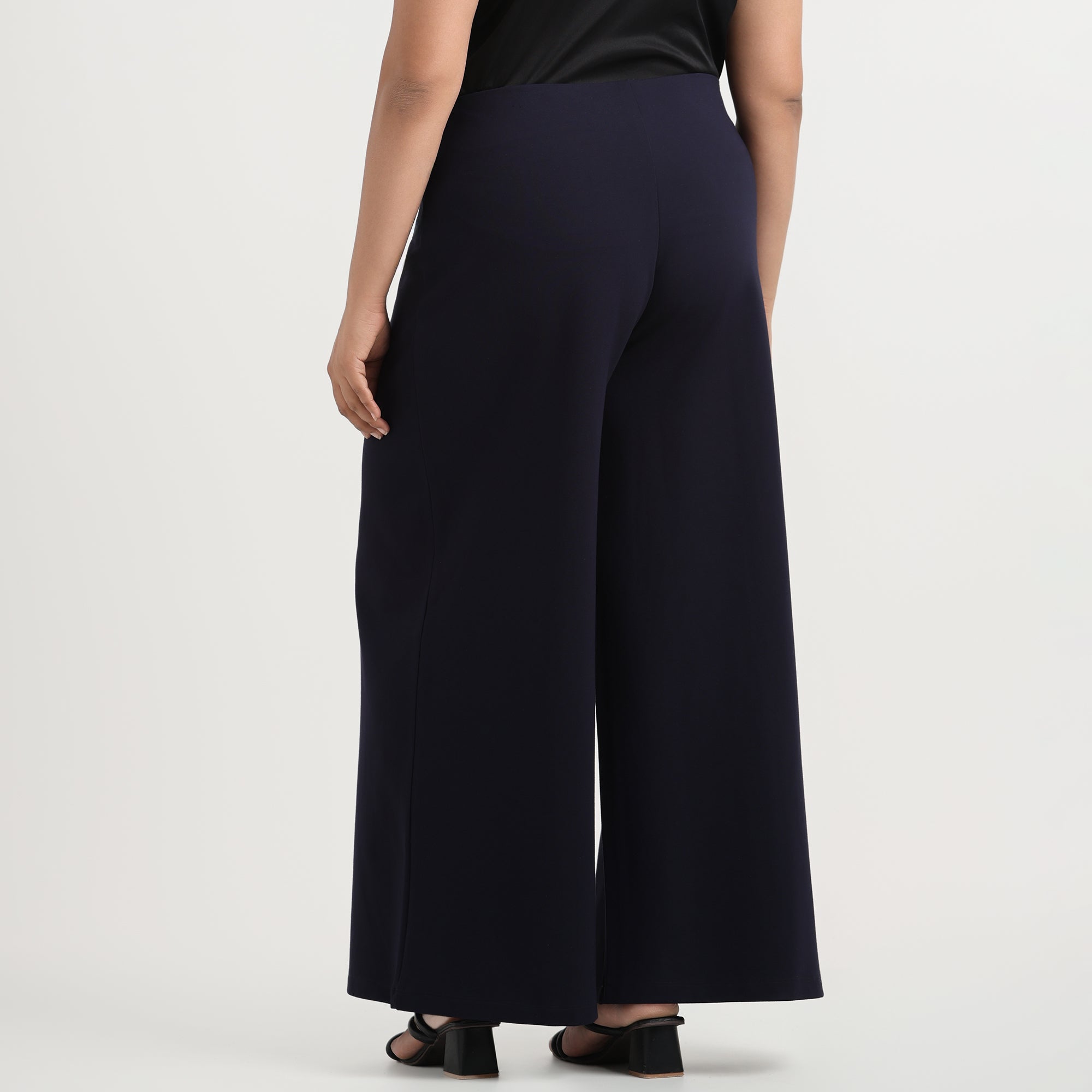 Navy 4-Way Stretch Plus Size Wide-Leg Rhinestone Embellished Trousers