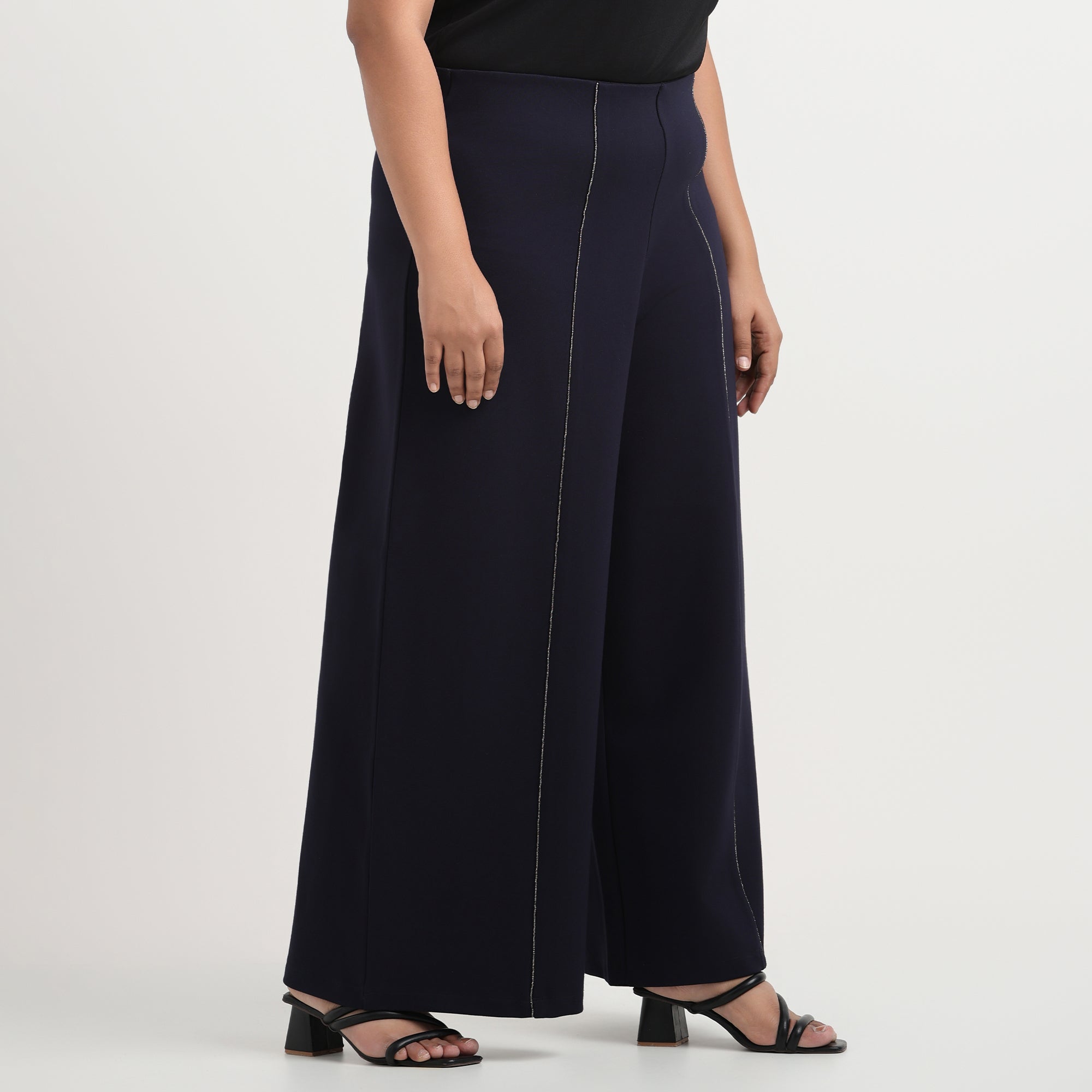 Navy 4-Way Stretch Plus Size Wide-Leg Rhinestone Embellished Trousers