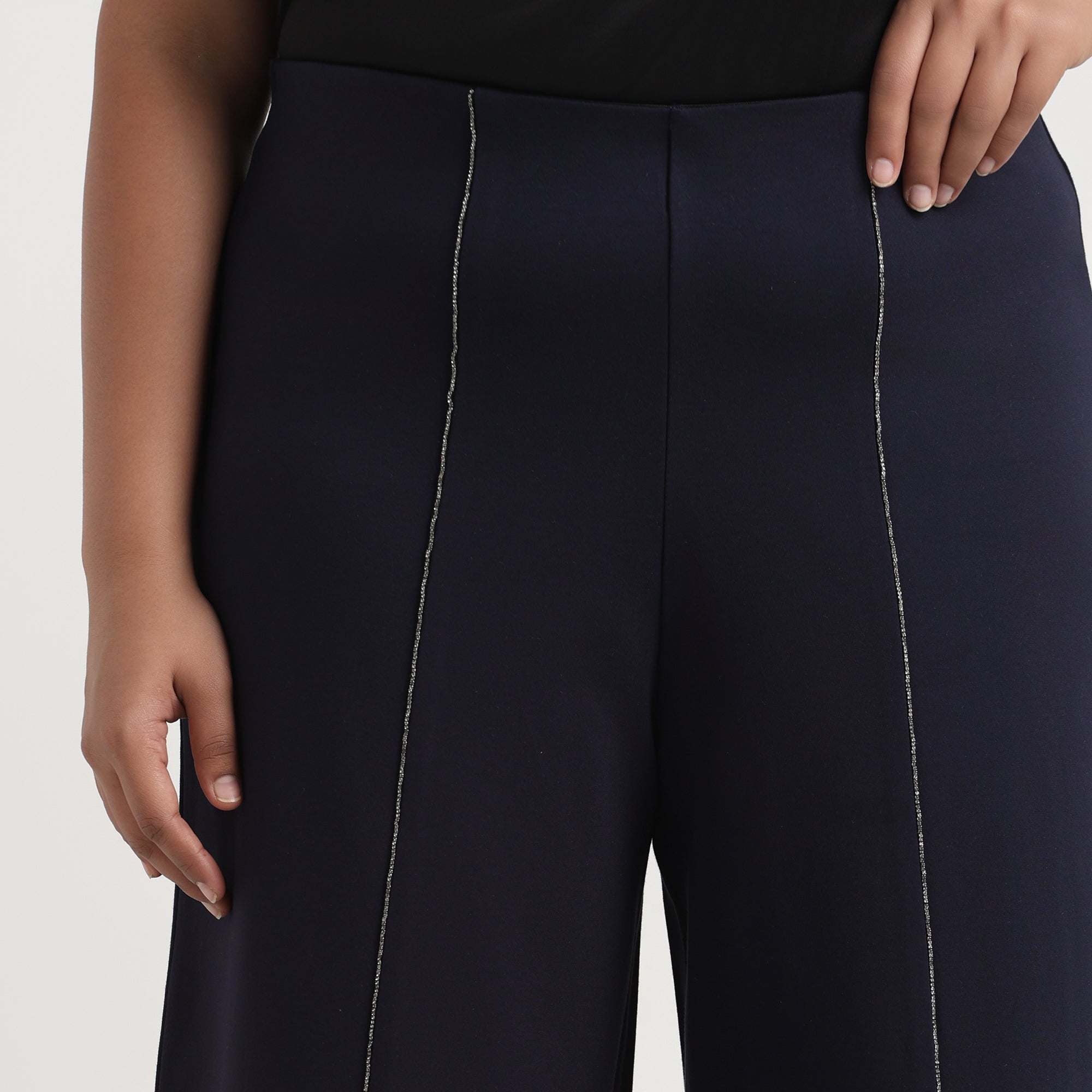 Navy 4-Way Stretch Plus Size Wide-Leg Rhinestone Embellished Trousers