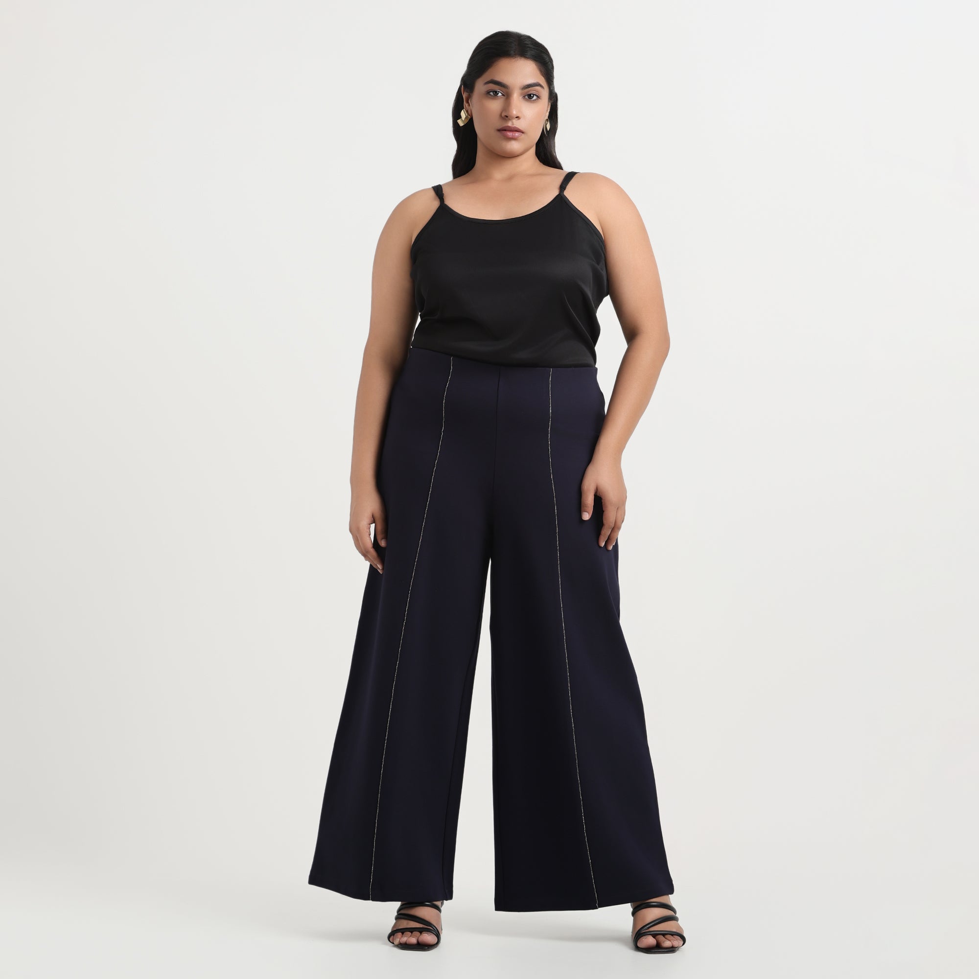 Navy 4-Way Stretch Plus Size Wide-Leg Rhinestone Embellished Trousers