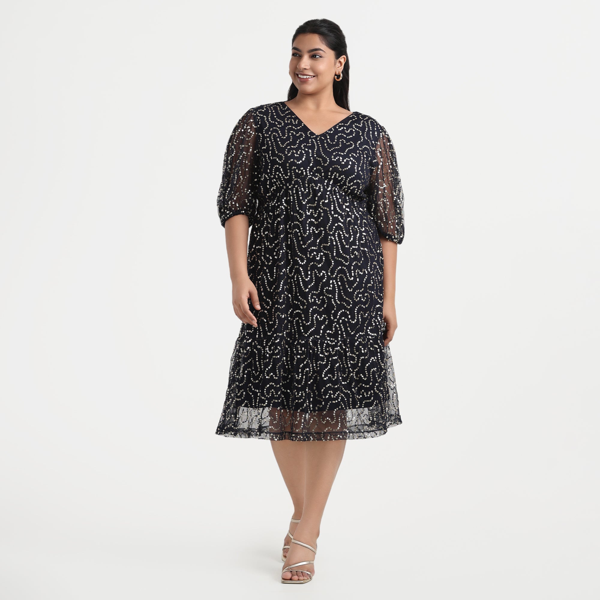 Navy blue sequined dress with a flattering silhouette, plus-size

