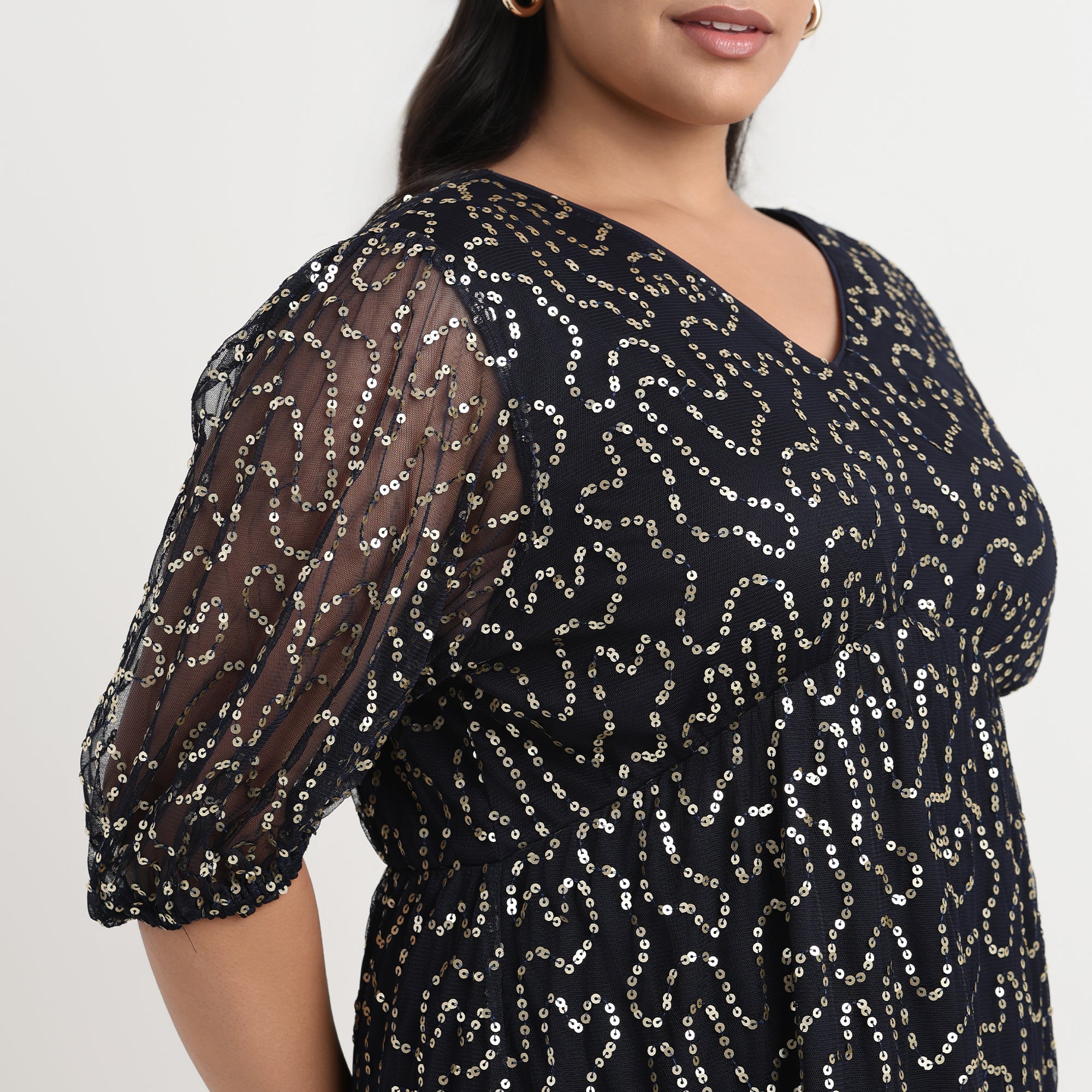 Elegant navy blue sequin dress, plus-size evening wear
