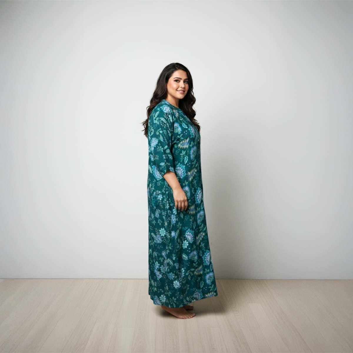 Plus Size Teal Viscose Satin Floral Printed Nightdress by CALAE | Sizes Available L to 7XL