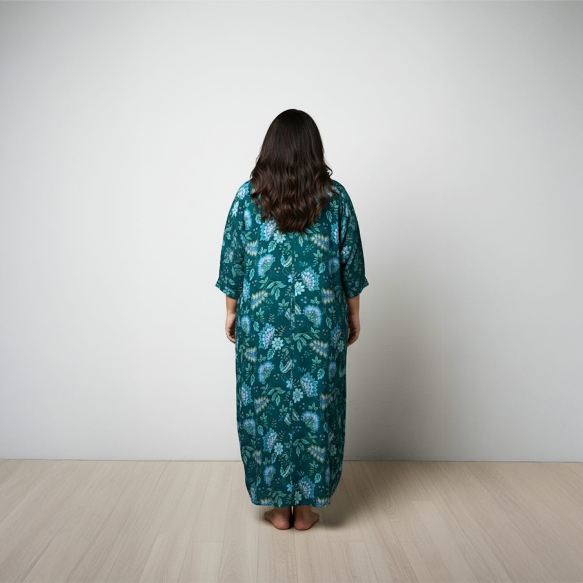 Plus Size Teal Viscose Satin Floral Printed Nightdress by CALAE | Sizes Available L to 7XL