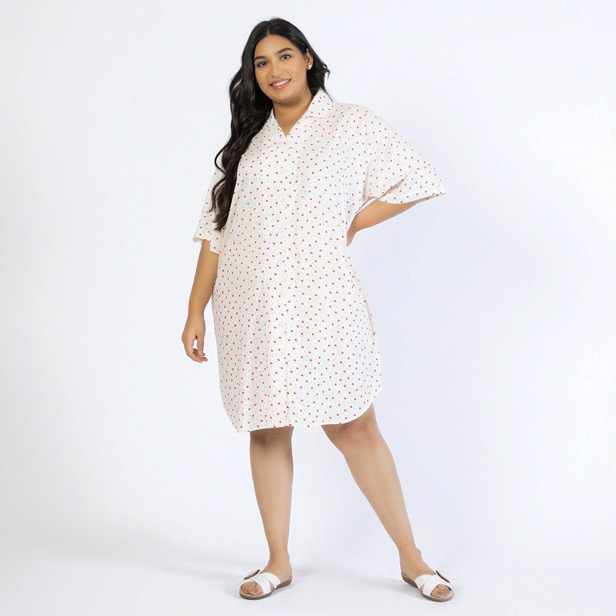 Off White Heart Print Plus Size Rayon Shirt Dress