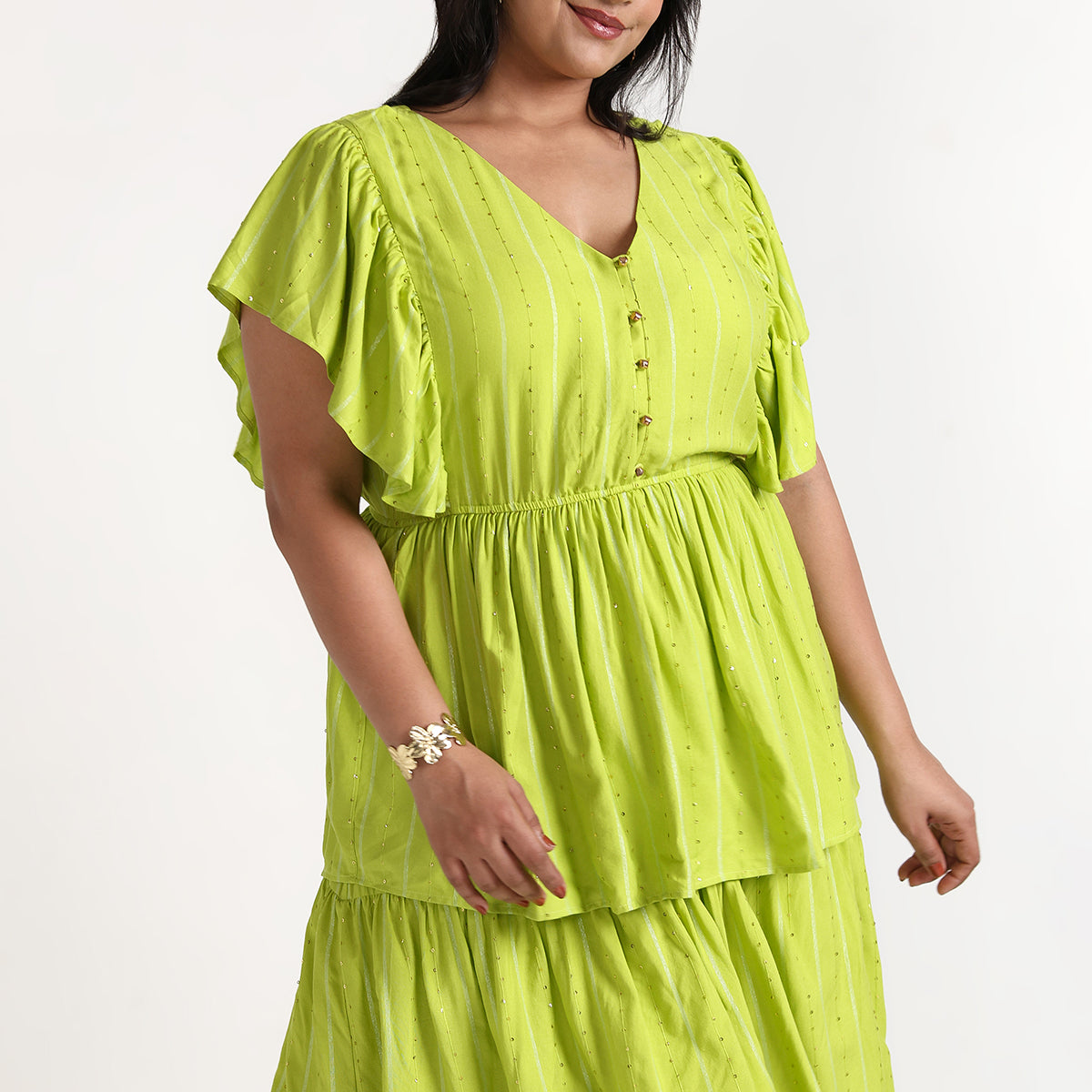 Plus Size Lime Sequin Tiered Maxi Dress with Ruffle Sleeves by CALAE | Sizes Available L to 7XL
