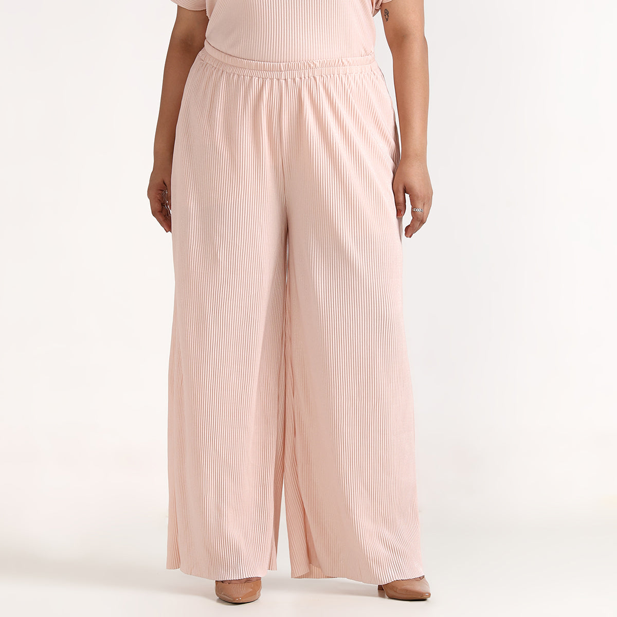 Plus Size Light Pink Pleated Top & Wide Leg Bottoms Co-ord Set by CALAE | Sizes L to 7XL