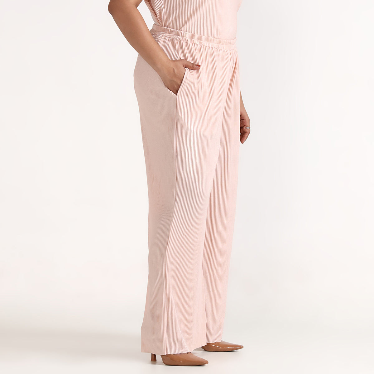 Plus Size Light Pink Pleated Top & Wide Leg Bottoms Co-ord Set by CALAE | Sizes L to 7XL