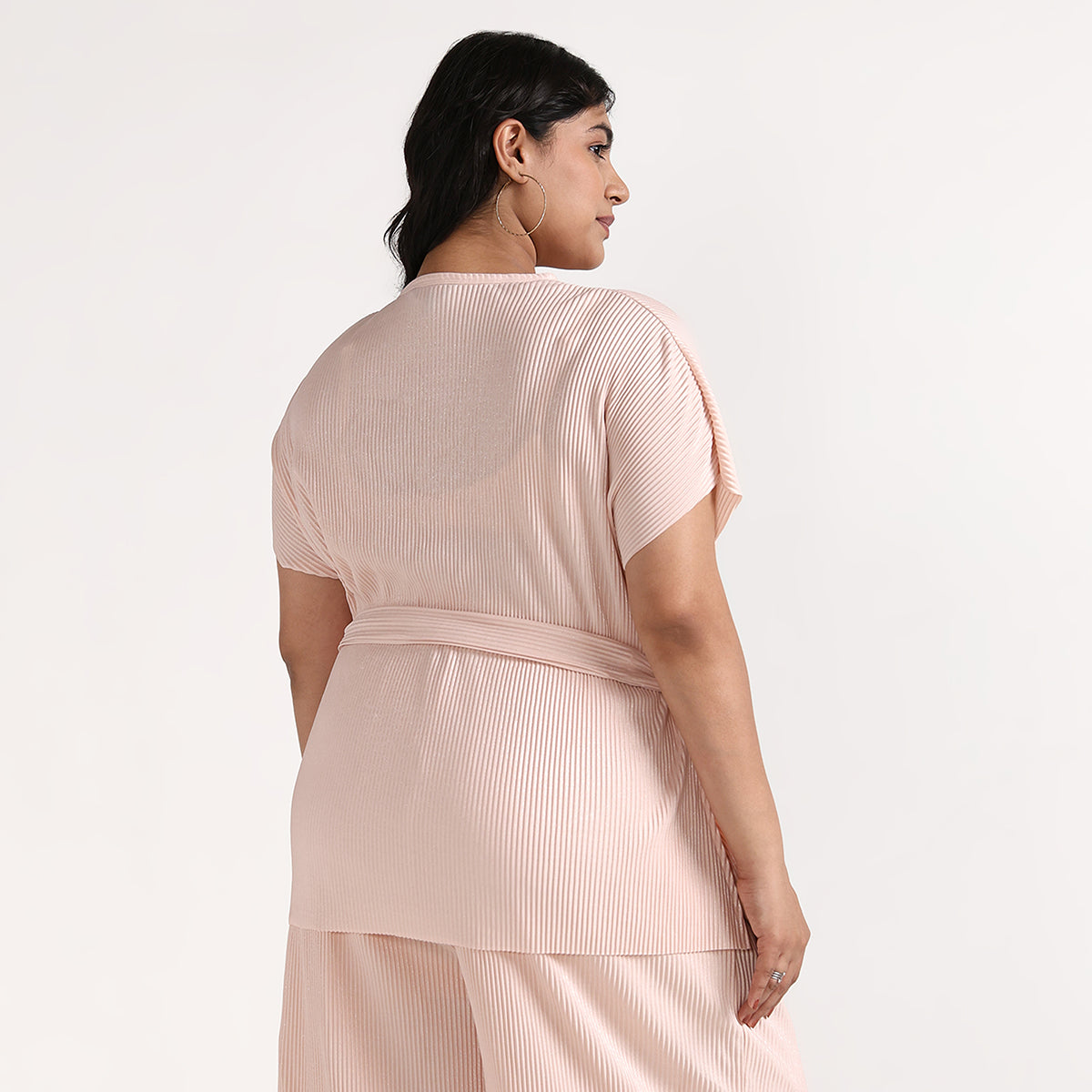 Plus Size Light Pink Pleated Top & Wide Leg Bottoms Co-ord Set by CALAE | Sizes L to 7XL