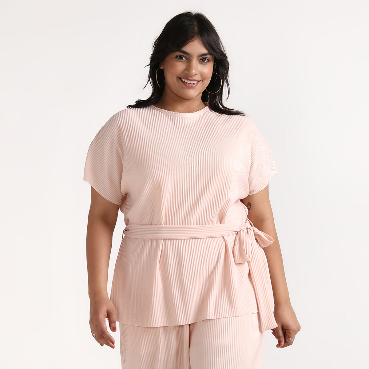 Plus Size Light Pink Pleated Top & Wide Leg Bottoms Co-ord Set by CALAE | Sizes L to 7XL
