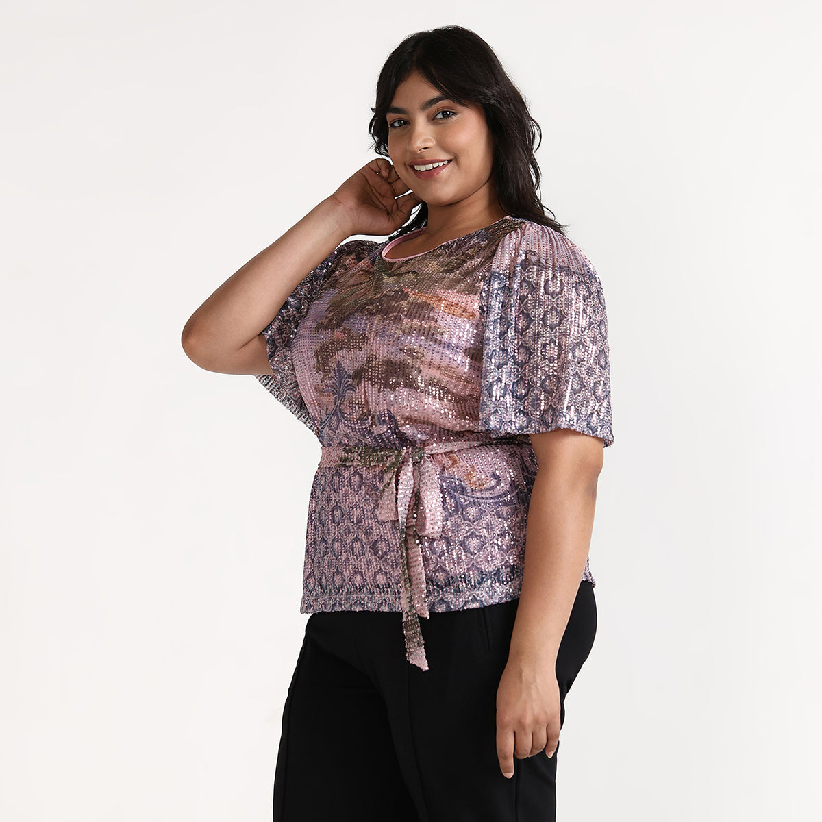Plus Size – Multicolor – Landscape Print Sequin Top with Bell Sleeves and Waist Tie – by CALAE | Sizes Available L to 7XL