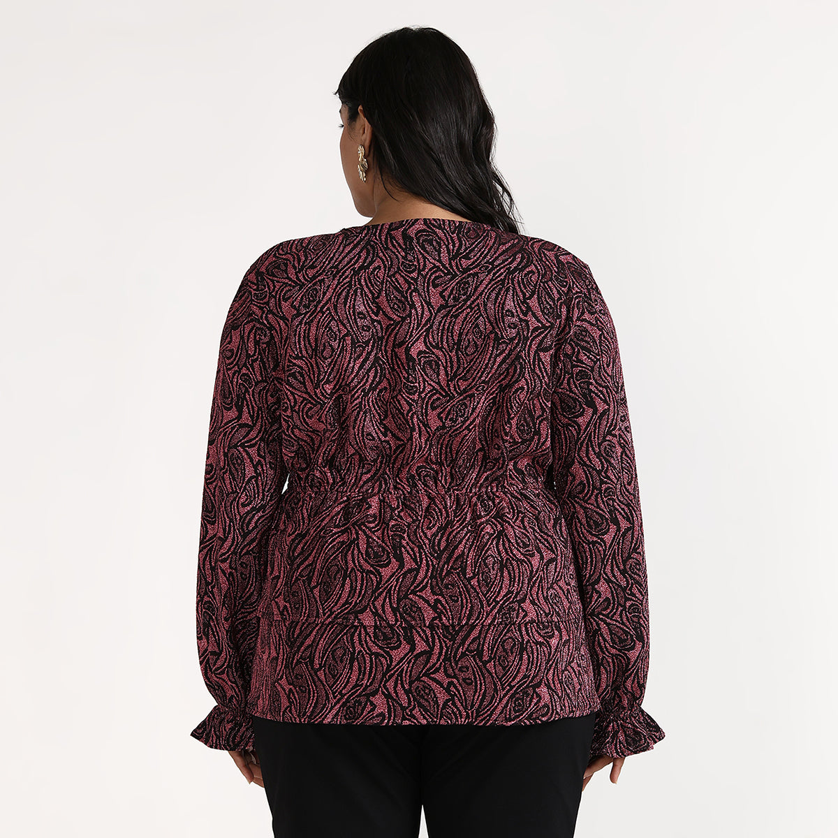 Plus Size – Pink – Shimmer Knit Wrap Tied Peplum Top – by CALAE | Sizes Available L to 7XL