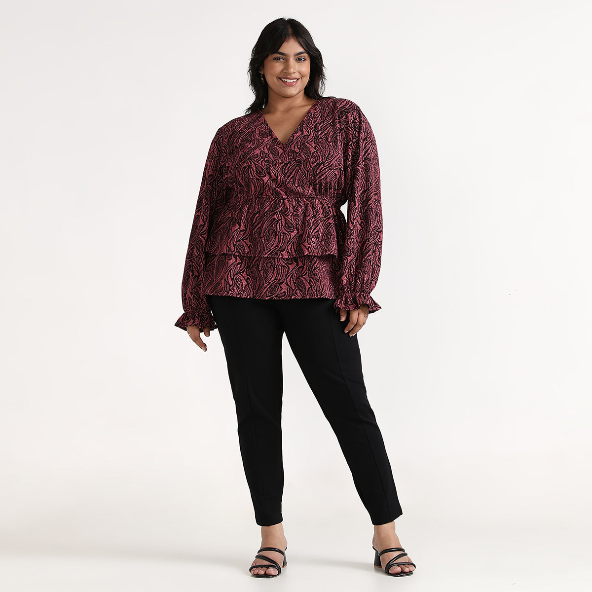 Plus Size – Pink – Shimmer Knit Wrap Tied Peplum Top – by CALAE | Sizes Available L to 7XL