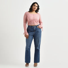 Peach Full-Sleeve Tie-Up Plus Size Lace Crop Top