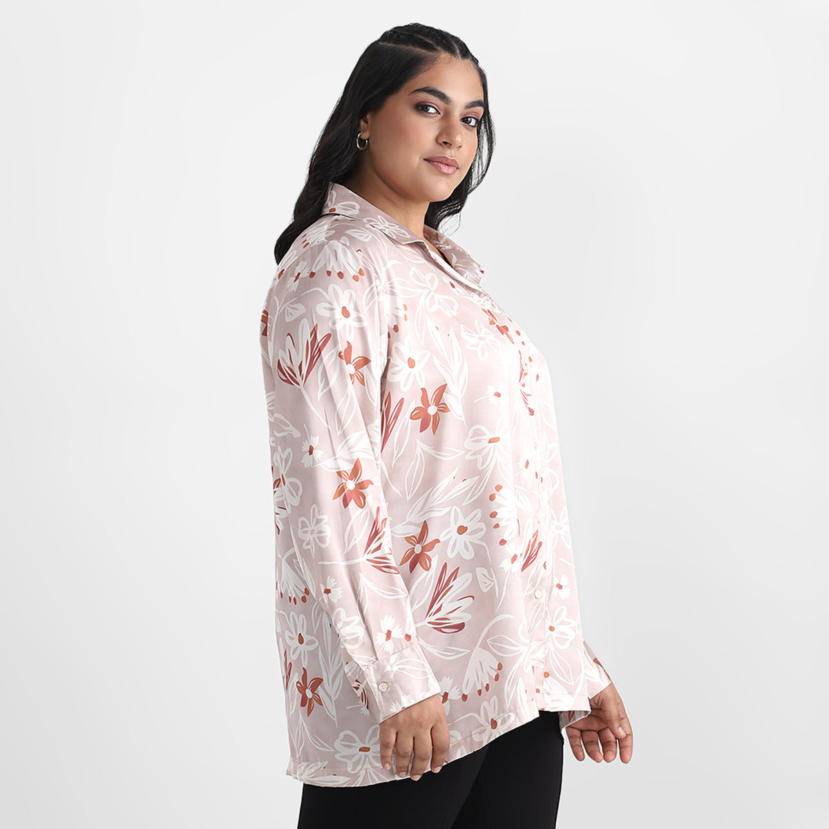 Pink Satin Floral Print Plus Size Basic Shirt side view
