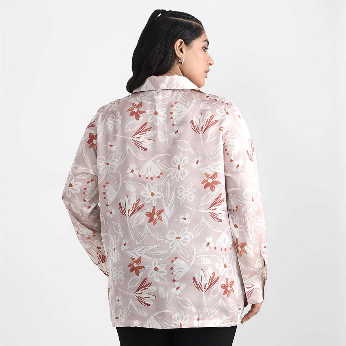 Pink Satin Floral Print Plus Size Basic Shirt back view
