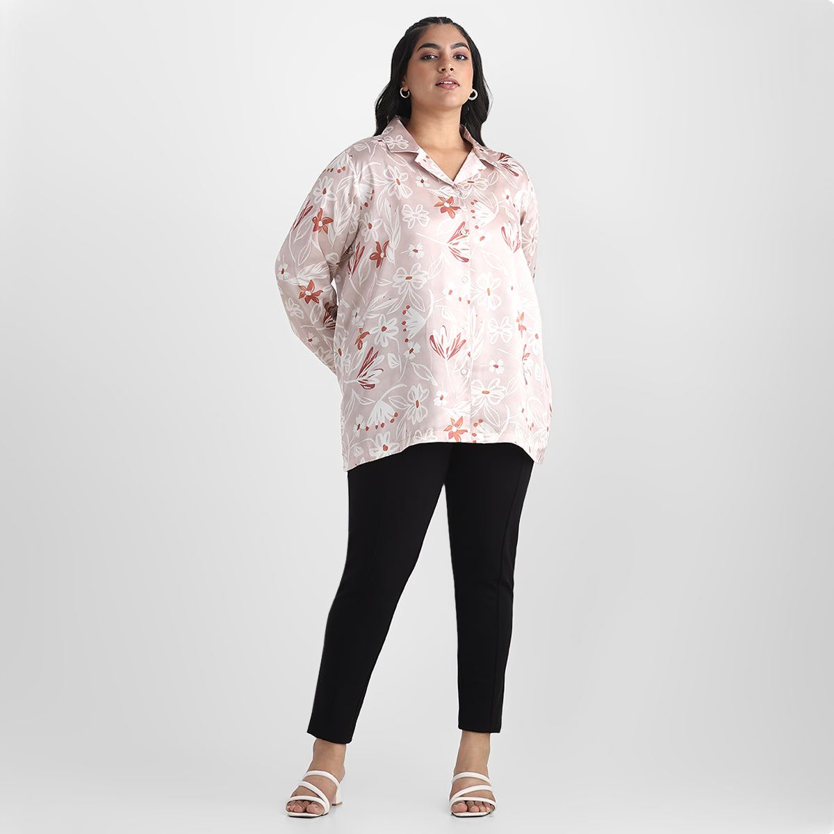 Pink Satin Floral Print Plus Size Basic Shirt front view
